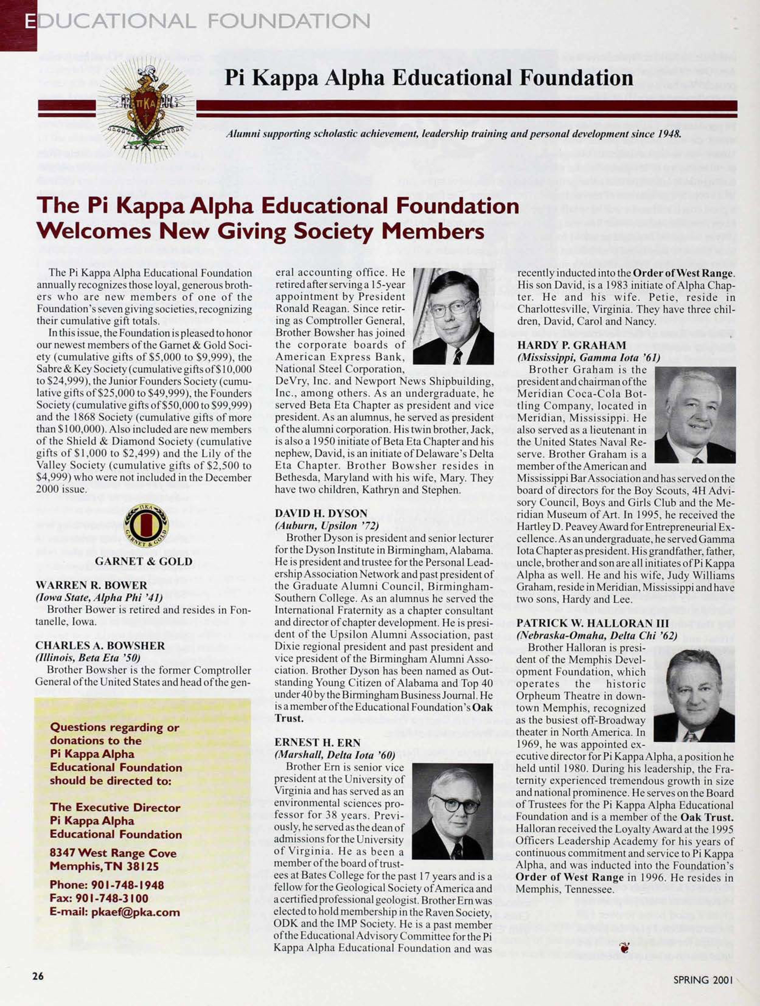 Pi Kappa Alpha Educational Foundation, Spring 2001